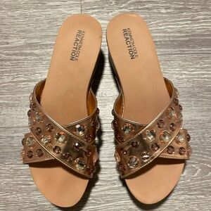 Kenneth Cole Reaction Rose Gold Tone Bling Cork Wedge Sandals Size 8.5 Women